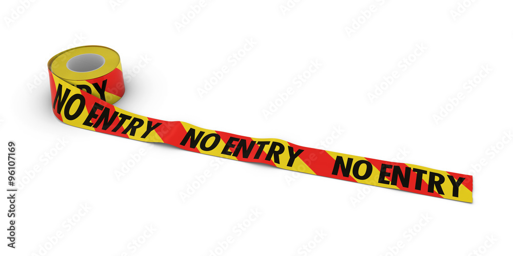 Red and Yellow Striped NO ENTRY Tape Roll unrolled across white floor Red and Yellow Striped NO ENTRY Tape Roll unrolled across white floor