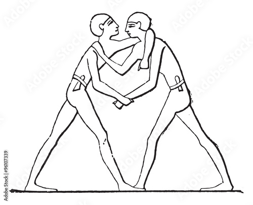 Wrestlers grappling., vintage engraving.