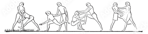 Egyptian wrestlers, vintage engraving.