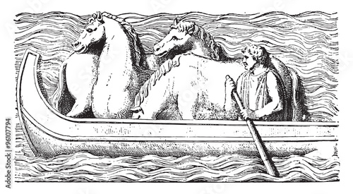 Horses on a boat, vintage engraving.