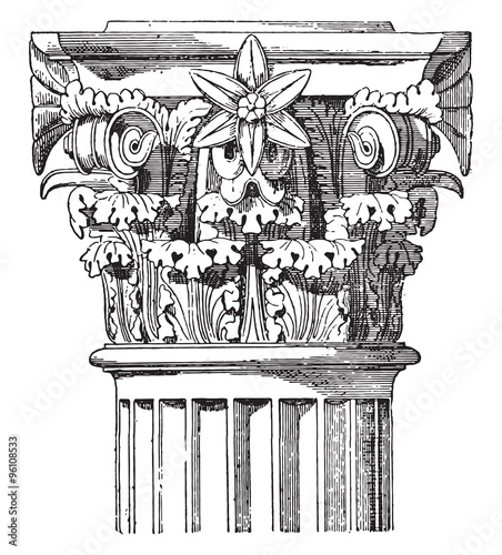 Corinthian capital, Temple of Vesta, vintage engraving.
