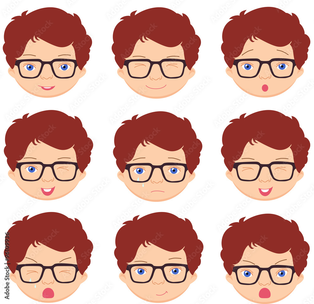 Boy with glasses emotions: joy, surprise, fear, sadness, sorrow, Boy with glasses emotions: joy, surprise, fear, sadness, sorrow,