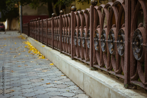 Fototapeta Naklejka Na Ścianę i Meble -  Iron fence near the sidewalk