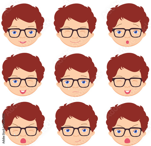 Boy with glasses emotions: joy, surprise, fear, sadness, sorrow,