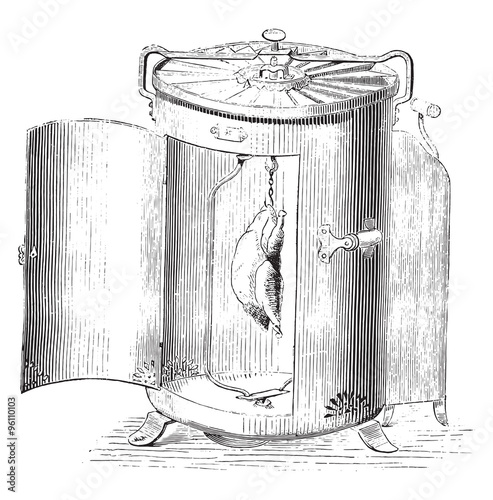 Automatic roasting, vintage engraving.