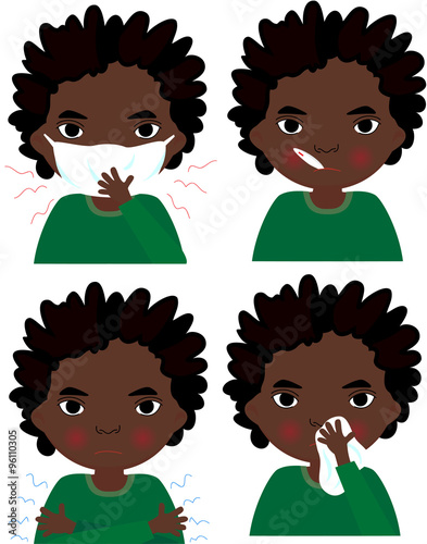 Sick african boy with flu mask, thermometer and handkerchief