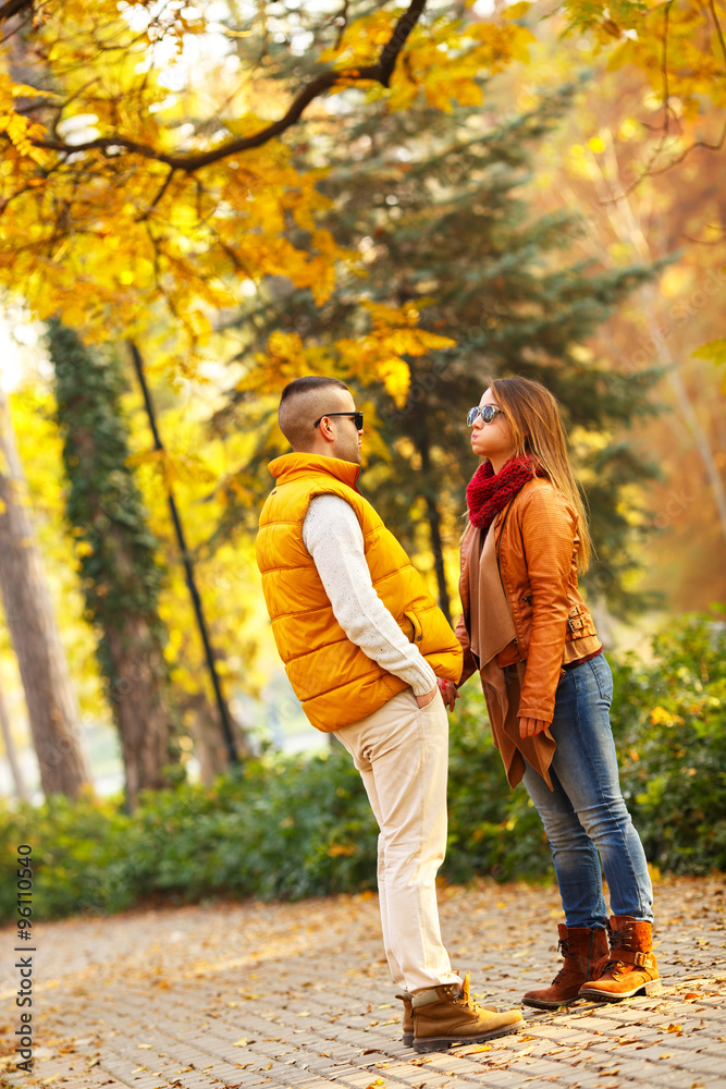 Young couple walking in the park on a sunny autumn day Young couple walking in the park on a sunny autumn day