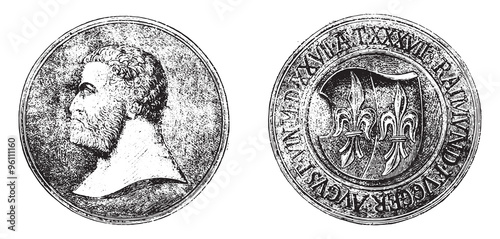 Carved wooden medallion Fugger, vintage engraving.
