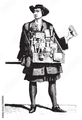 A traveling haberdasher about 1680, vintage engraving.