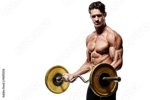 Schilderij op canvas Closeup portrait of a muscular man workout with barbell at gym.