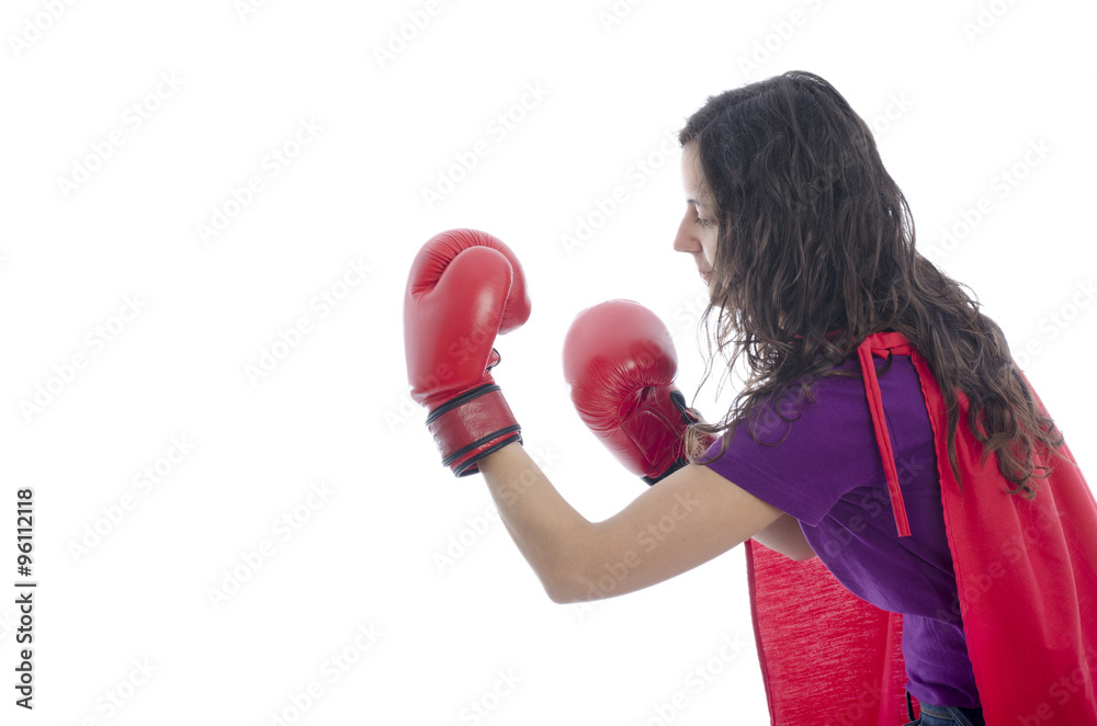 Woman superhero with red cape and red gloves boxing. Woman superhero with red cape and red gloves boxing.