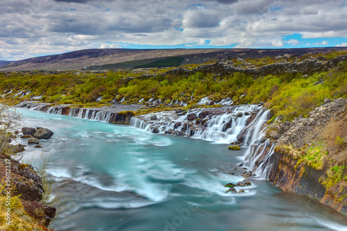 Panoramic view of the Hraunfossar waterfalls in Iceland
