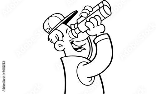 Black and white illustration of a man looking through binoculars.