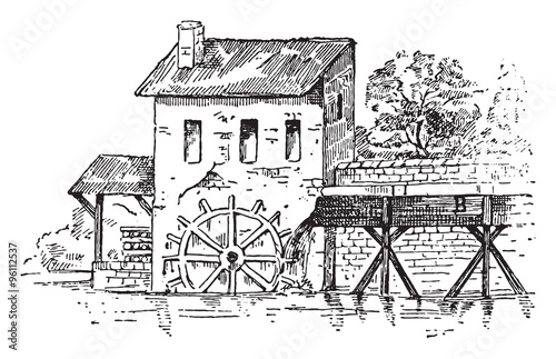 Mill race, vintage engraving.