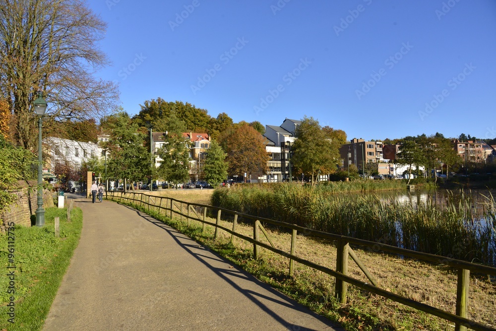Chemin le long de l'étang principal de Boitfort au sud de Bruxelles sous un soleil d'automne Chemin le long de l'étang principal de Boitfort au sud de Bruxelles sous un soleil d'automne