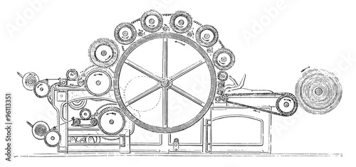 Carding machine finishing wool, vintage engraving.