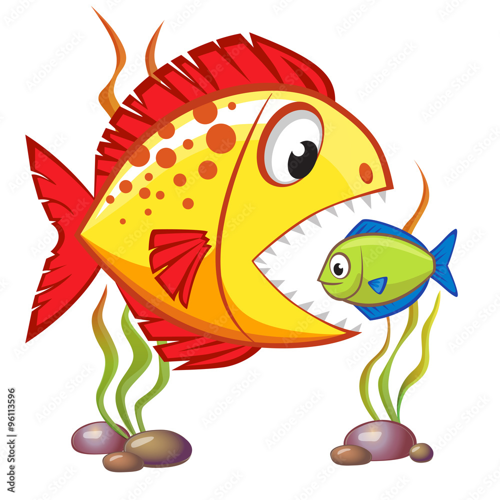 Cute cartoon big fish absorbs small fish Stock Vector | Adobe Stock