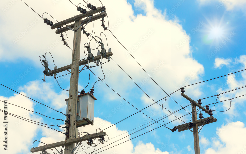 selective focus electricity post with beautiful blue sky, sun ba selective focus electricity post with beautiful blue sky, sun ba