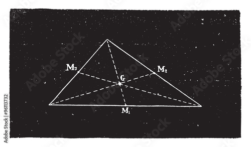 Triangle center of gravity, vintage engraving.