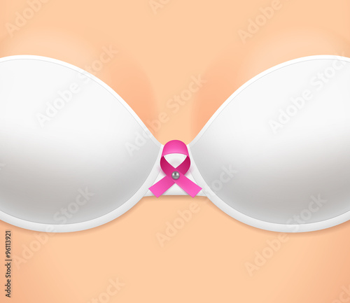 Woman's breast dressed in bra, and pink ribbon
