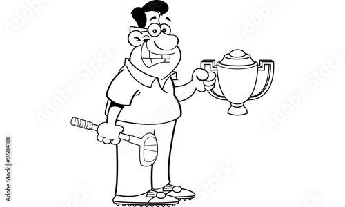 Black and white illustration of a man holding a trophy and a golf club.