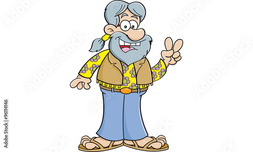 Cartoon illustration of a old hippie giving the peace sign.