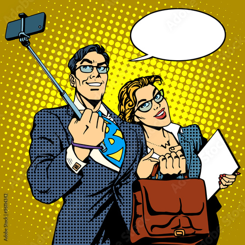 Selfie stick businessman and businesswoman photo smartphone