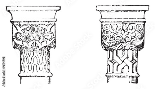 Capitals of the Alhambra, Granada, vintage engraving.