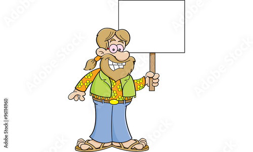 Cartoon illustration of a hippie holding a sign.