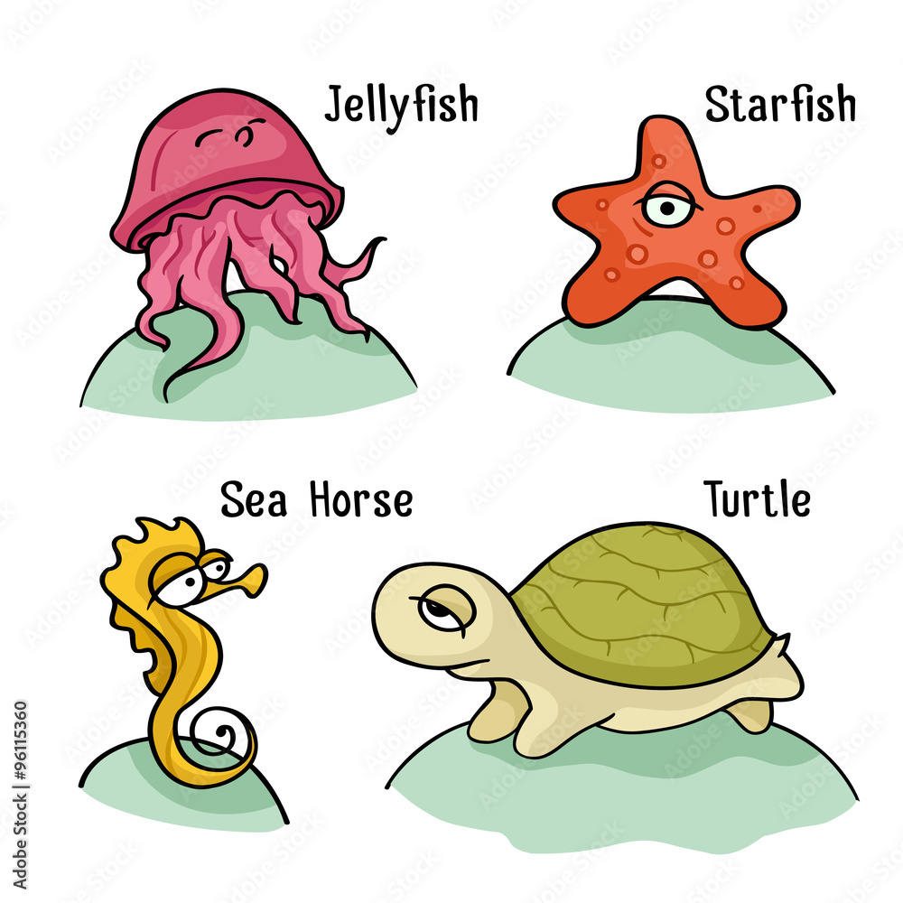 Cute baby sea creatutes. Cartoon character set with ocean animals - seahorse,  jellyfish, starfish, turtle. Kid vector illustration isolated on white with  underwater animals. Stock Vector | Adobe Stock