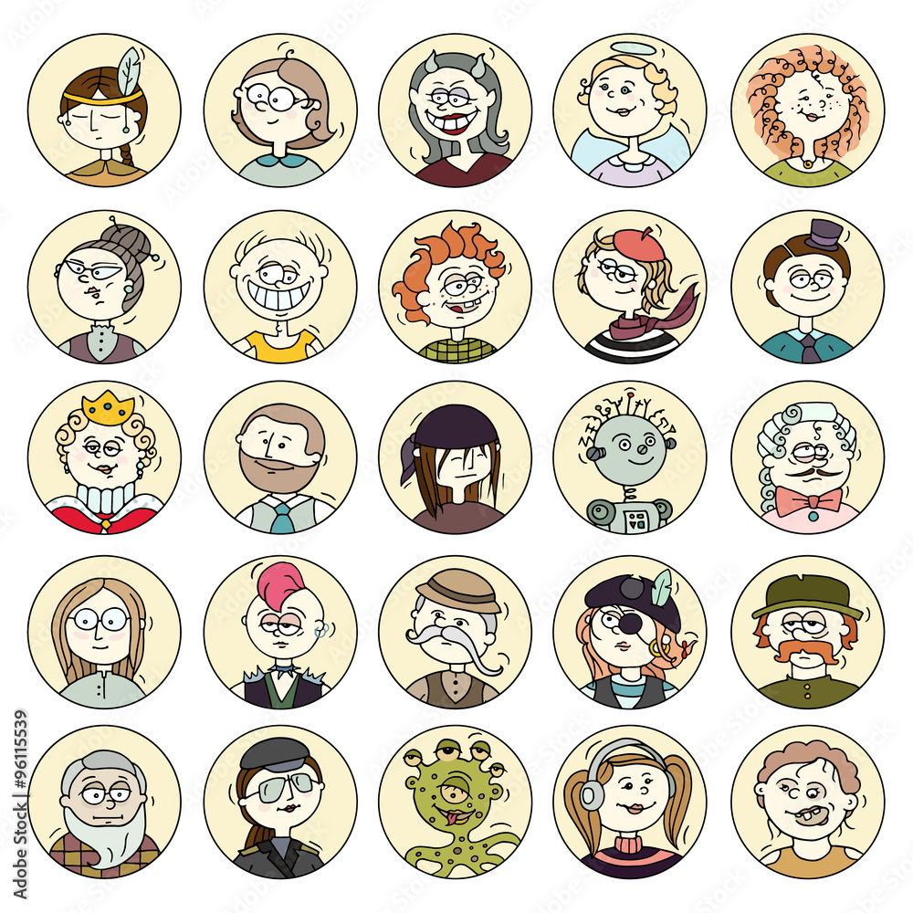Cartoon funny user avatars in trendy hand drawn doodle style. Set of women, men character faces with different emotions, professions in circle frames. Cute vector isolated on white.