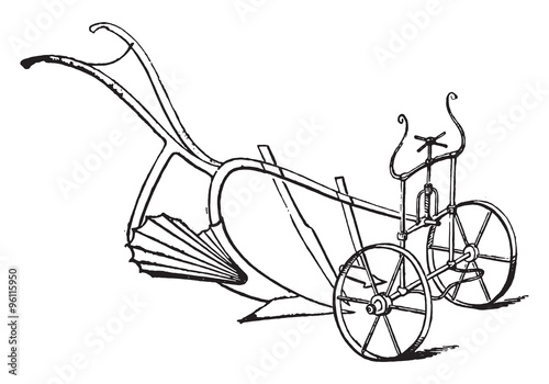Moldboard plow tapered, fluted, rotating, vintage engraving.