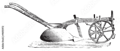 Old wooden plow of R. Hornsby, vintage engraving.