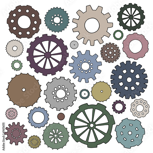 Set of cartoon doodle gears. Mechanical elements for business design. Decorative vector illustration isolated on white background. All cogs organized in groups for easy editing.