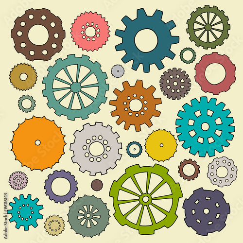 Set of cartoon doodle gears. Mechanical bright elements for business design. Decorative vector kid illustration isolated on light background. All colored cogs organized in groups for easy editing.