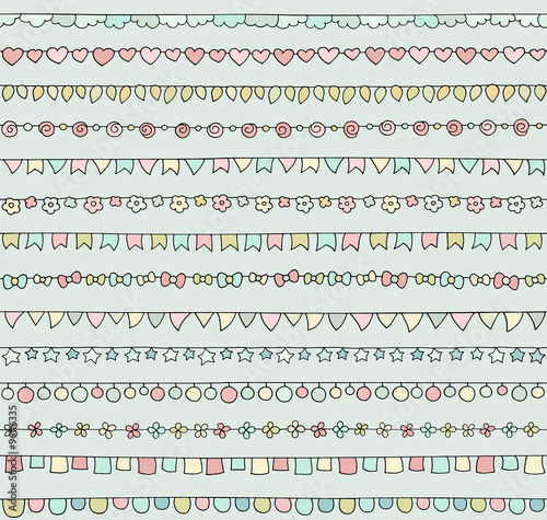 Set of cute doodle bunting party flags for your designs (birthday party, wedding celebration). Collection of cartoon garlands with hearts, leaves, beads, stars. Hand drawn vector.