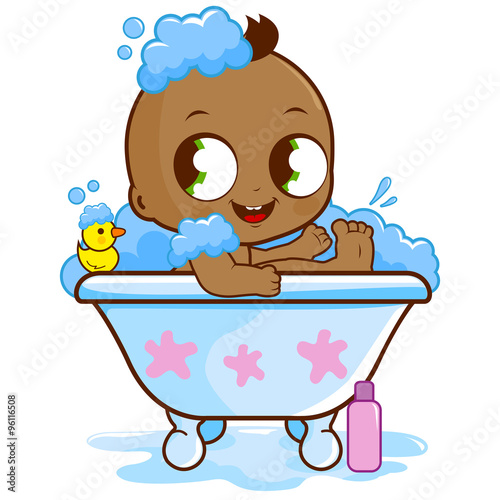Baby boy in a tub taking a bath. Vector illustration