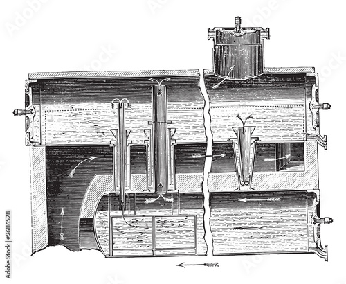 Boiler Dulac has multiple levels, vintage engraving. photo