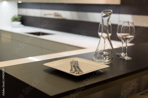 Wine Glasses and Carafe in Kitchen