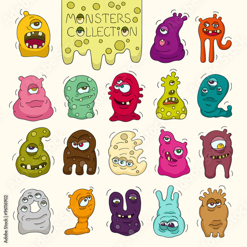 Set of cute bright monsters and aliens with many eyes. Cartoon funny doodle monster collection. Hand drawn vector for kids. All objects grouped and isolated on white.