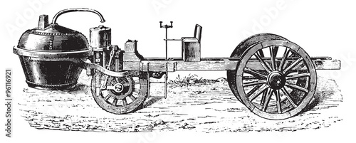 Cugnot steam car, vintage engraving.