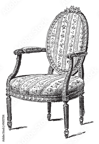 Armchair upholstered in chintz, vintage engraving.