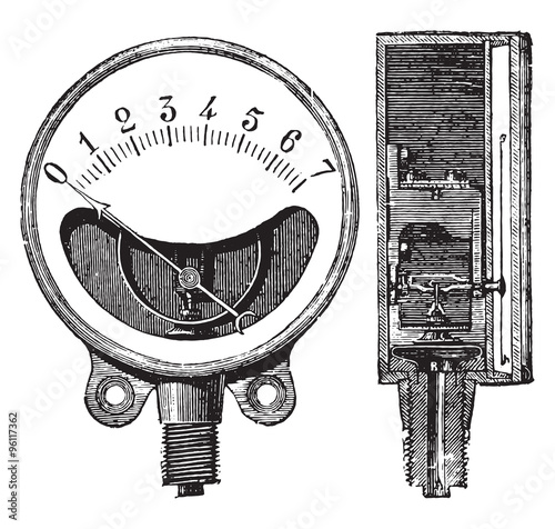 Metal gauge, Ducomet system, Front and cut, vintage engraving.