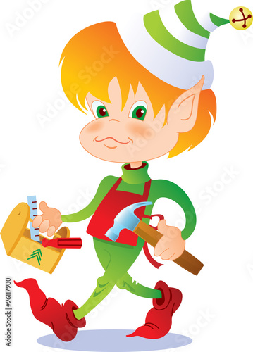 Busy Christmas elf carrying a toolbox and hammer