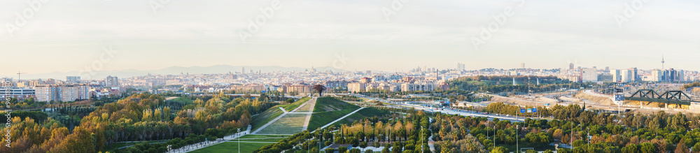 Panoramic view of Madrid, Spain from the Manzanares Lineal Park