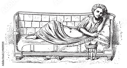 Roman bed cubicularius, vintage engraving.