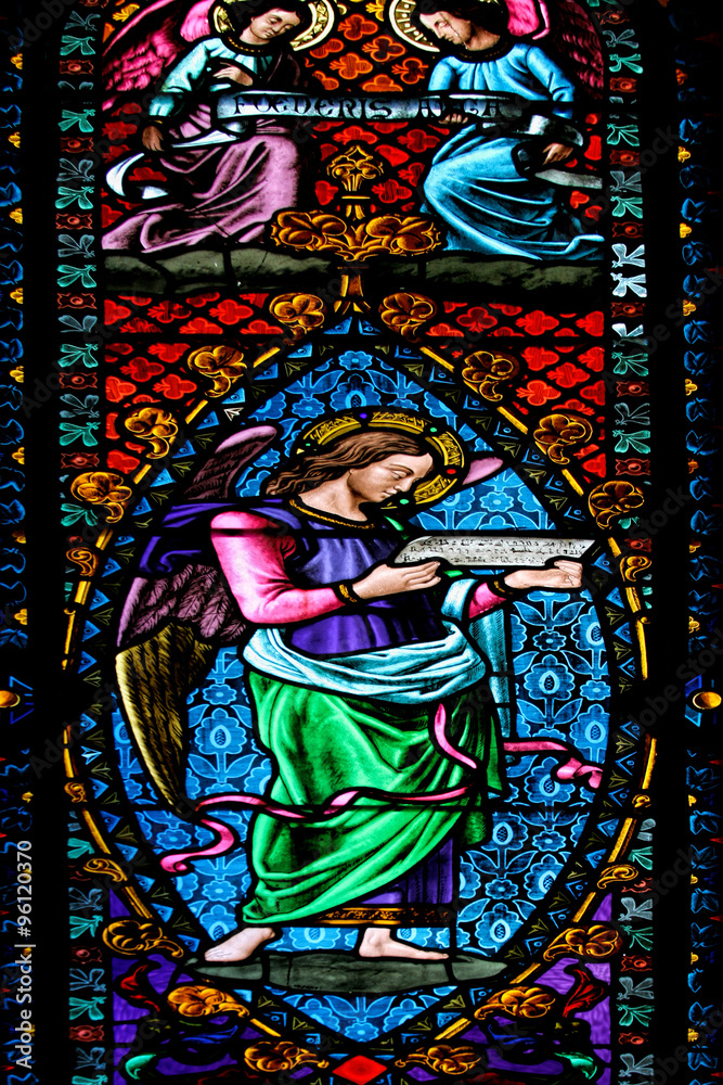 Beautiful stained glass window from Santa Maria de Montserrat Abbey (Catalonia, Spain).