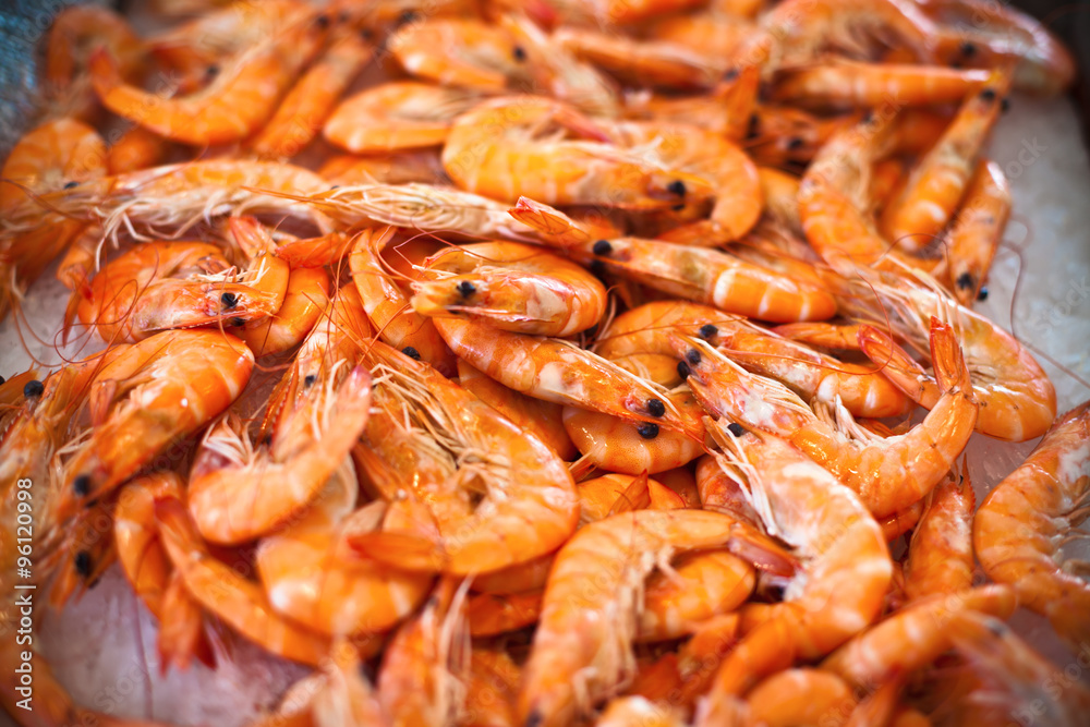 Top view of raw whole tiger prawns on ice Top view of raw whole tiger prawns on ice