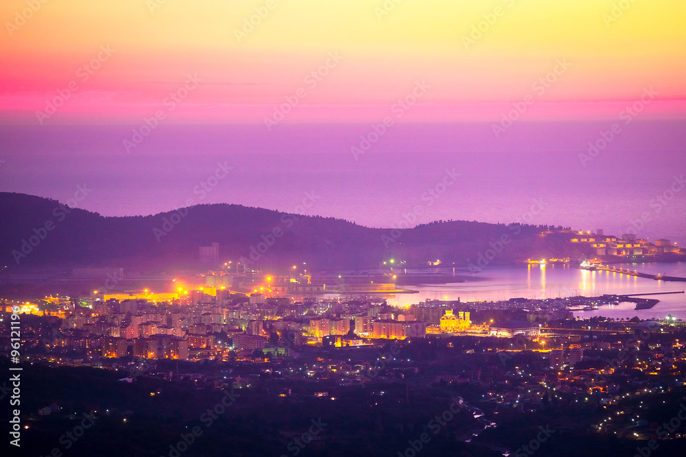 Landscape with the image of Bar panarama, Montenegro,  sunset