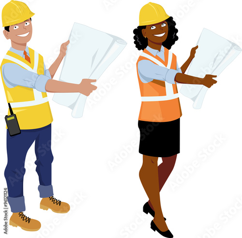 Male and female architect or engineer characters, wearing hard hats and reflective vests, showing blueprints, EPS 8 vector illustration, no transparencies